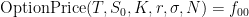 \textrm{OptionPrice}(T, S_0, K, r, \sigma, N) = f_{00}